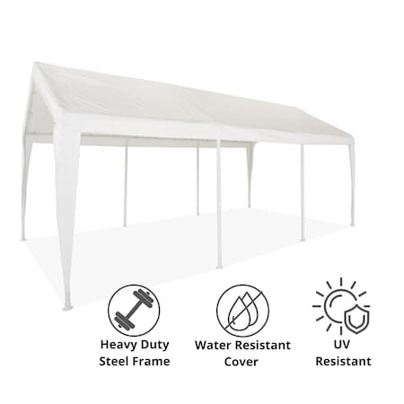 Impact Canopy Heavy Duty Carort 10In8 FT x20In, 8 Legs, Steel Pipes, White Cover with Leg Skirts 070018008